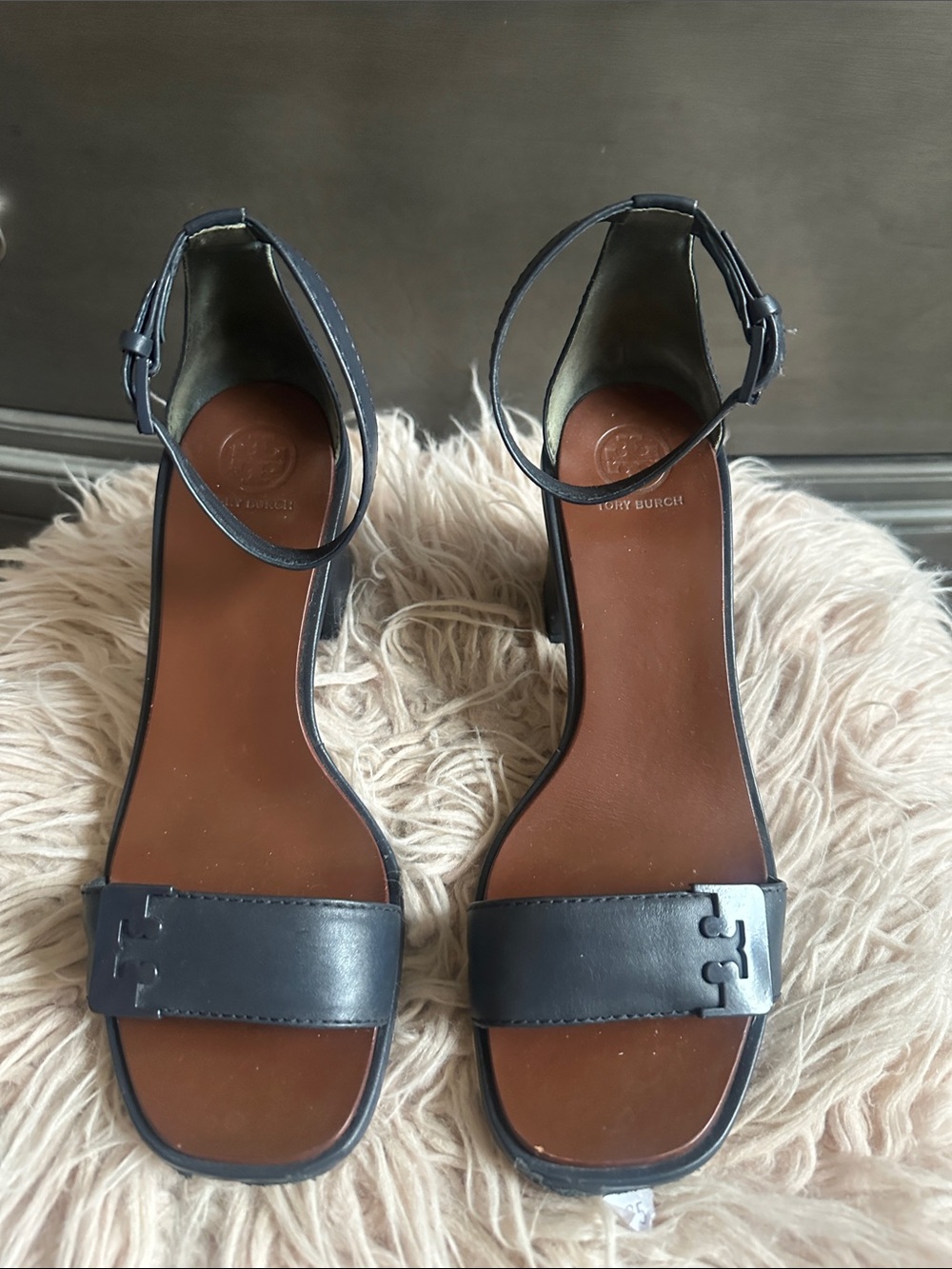 Tory Burch Navy Leather Ankle-Strap Heeled Sandals